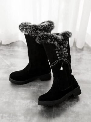 Stylish Lace-Up Faux Fur Trimmed Round Toe Winter Boots - Image 4