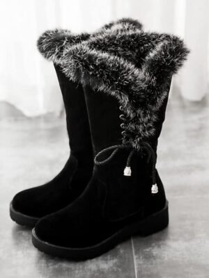 Stylish Lace-Up Faux Fur Trimmed Round Toe Winter Boots - Image 5