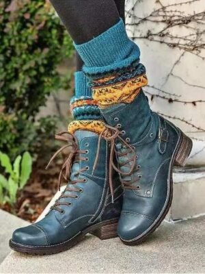 Stylish Lace-Up Round Toe Block Heel Ankle Boots - Image 1