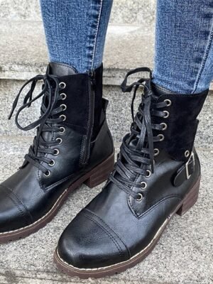 Stylish Lace-Up Round Toe Block Heel Ankle Boots - Image 11