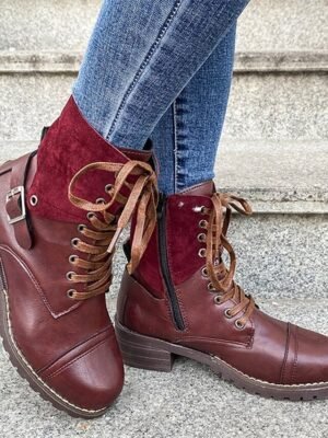 Stylish Lace-Up Round Toe Block Heel Ankle Boots - Image 12