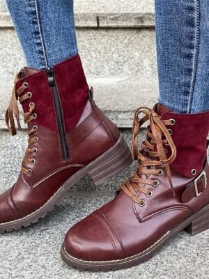 Stylish Lace-Up Round Toe Block Heel Ankle Boots - Image 13