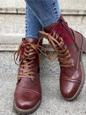 Stylish Lace-Up Round Toe Block Heel Ankle Boots - Image 14