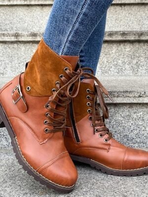 Stylish Lace-Up Round Toe Block Heel Ankle Boots - Image 16