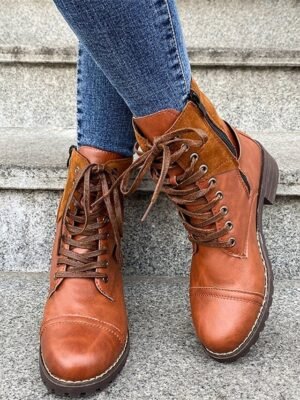 Stylish Lace-Up Round Toe Block Heel Ankle Boots - Image 17