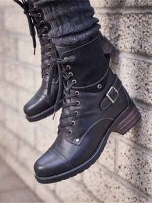 Stylish Lace-Up Round Toe Block Heel Ankle Boots - Image 9