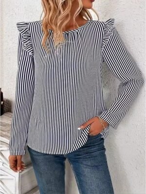 Stylish Loose Striped Crew Neck Long Sleeve Asymmetric Hem Tunic - Image 2