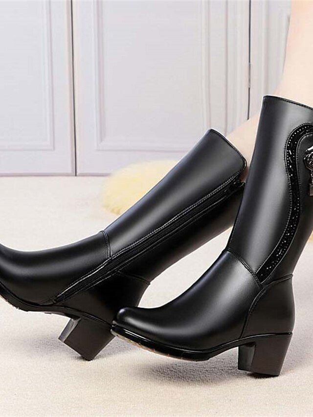 Stylish Mid-Calf Black Faux Fur Chunky Heel Winter Boots - Image 1