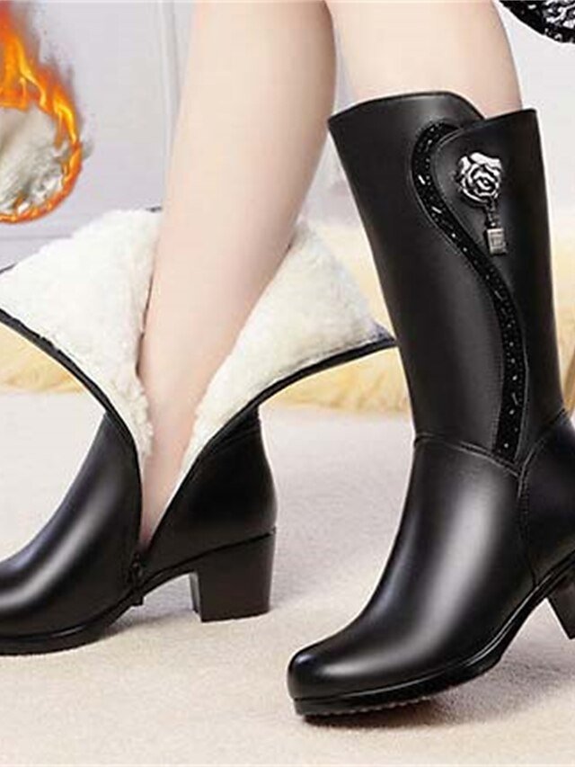 Stylish Mid-Calf Black Faux Fur Chunky Heel Winter Boots - Image 2