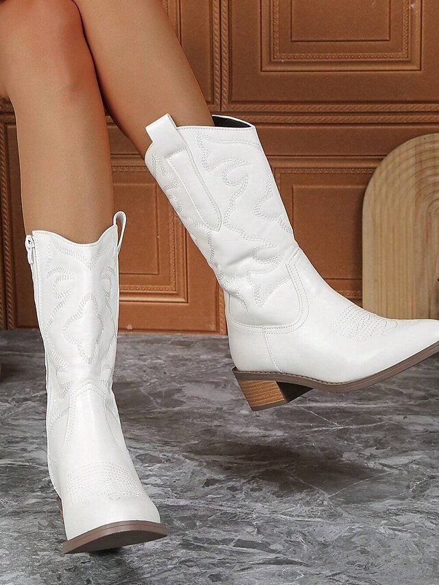 Stylish Mid-Calf Embroidered White Cowboy Boots - Image 2