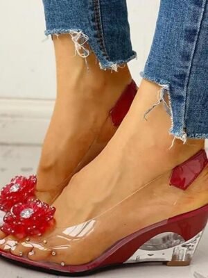 Stylish Open-Toe Floral Rhinestone Transparent Wedge Sandals - Image 11