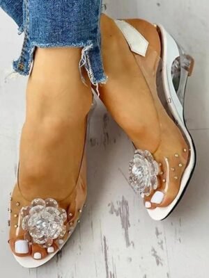 Stylish Open-Toe Floral Rhinestone Transparent Wedge Sandals - Image 2