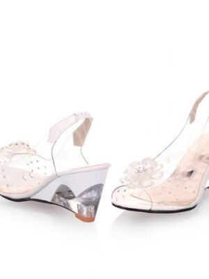 Stylish Open-Toe Floral Rhinestone Transparent Wedge Sandals - Image 4