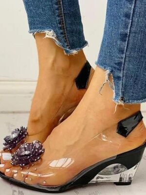 Stylish Open-Toe Floral Rhinestone Transparent Wedge Sandals - Image 5
