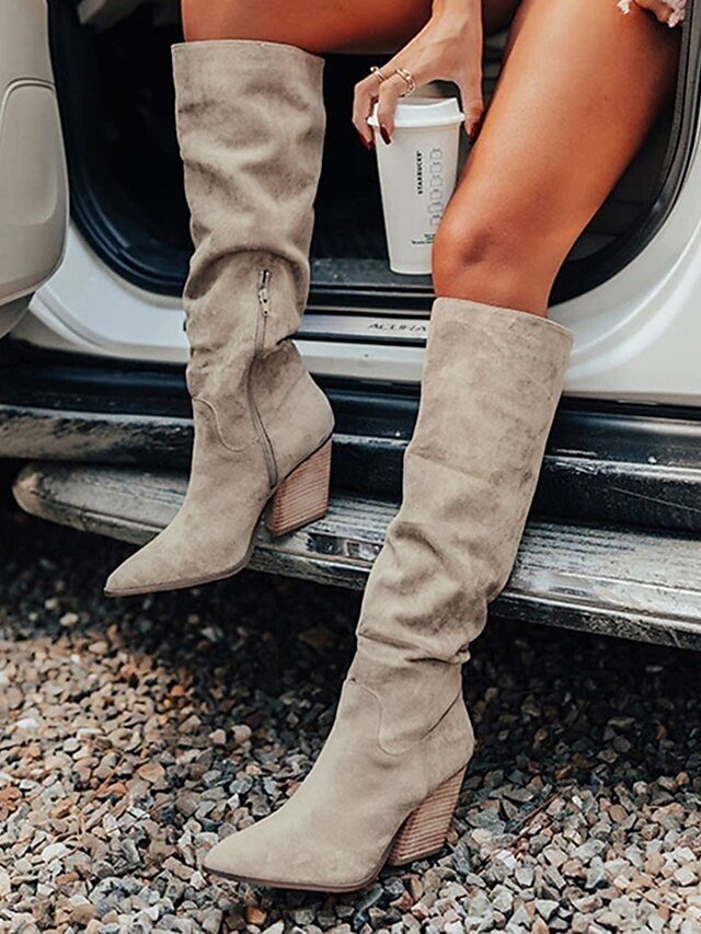 Stylish Pointed Toe Taupe Suede Knee-High Western Boots with Block Heel - Image 1