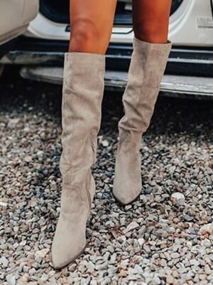 Stylish Pointed Toe Taupe Suede Knee-High Western Boots with Block Heel - Image 3