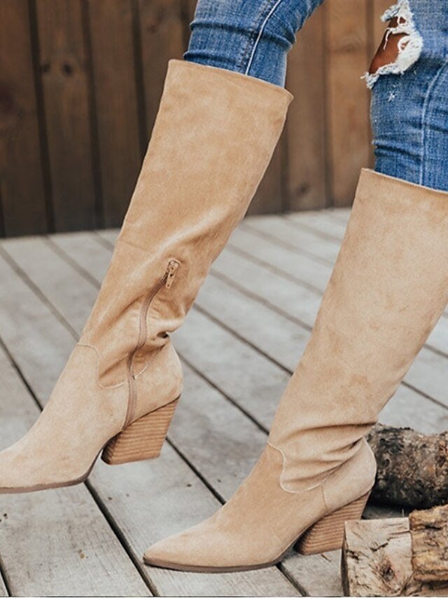 Stylish Pointed Toe Taupe Suede Knee-High Western Boots with Block Heel - Image 6