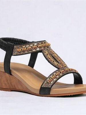 Stylish Rhinestone Embellished Elastic Strap Wedge Sandals - Image 4