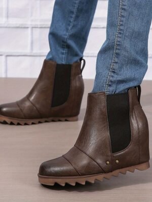 Stylish Slip-On Faux Leather Elastic Panel Wedge Ankle Boots - Image 10