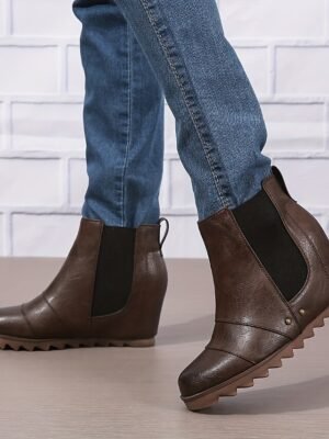 Stylish Slip-On Faux Leather Elastic Panel Wedge Ankle Boots - Image 11