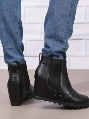 Stylish Slip-On Faux Leather Elastic Panel Wedge Ankle Boots - Image 13