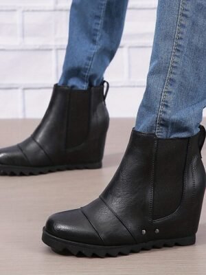 Stylish Slip-On Faux Leather Elastic Panel Wedge Ankle Boots - Image 16