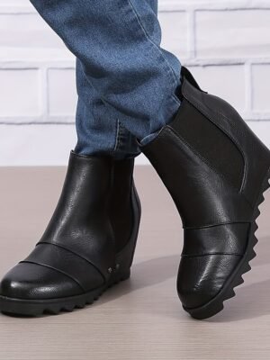 Stylish Slip-On Faux Leather Elastic Panel Wedge Ankle Boots - Image 17