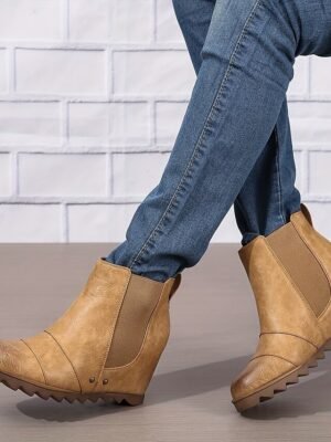 Stylish Slip-On Faux Leather Elastic Panel Wedge Ankle Boots - Image 4