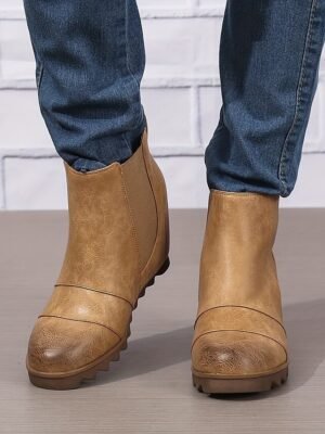 Stylish Slip-On Faux Leather Elastic Panel Wedge Ankle Boots - Image 5