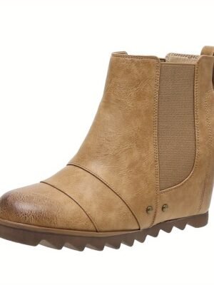 Stylish Slip-On Faux Leather Elastic Panel Wedge Ankle Boots - Image 7