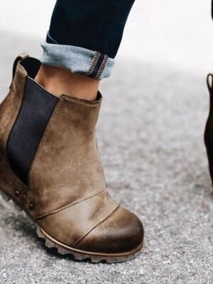 Stylish Slip-On Faux Leather Elastic Panel Wedge Ankle Boots - Image 8