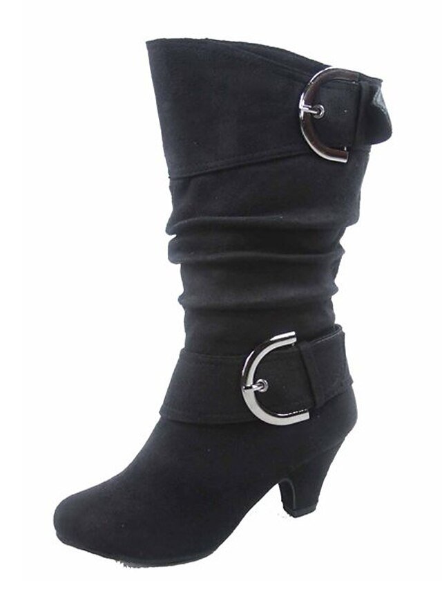 Stylish Slouchy Buckle Knee-High Suede Mid Heel Boots - Image 5
