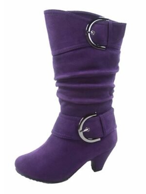 Stylish Slouchy Buckle Knee-High Suede Mid Heel Boots - Image 7