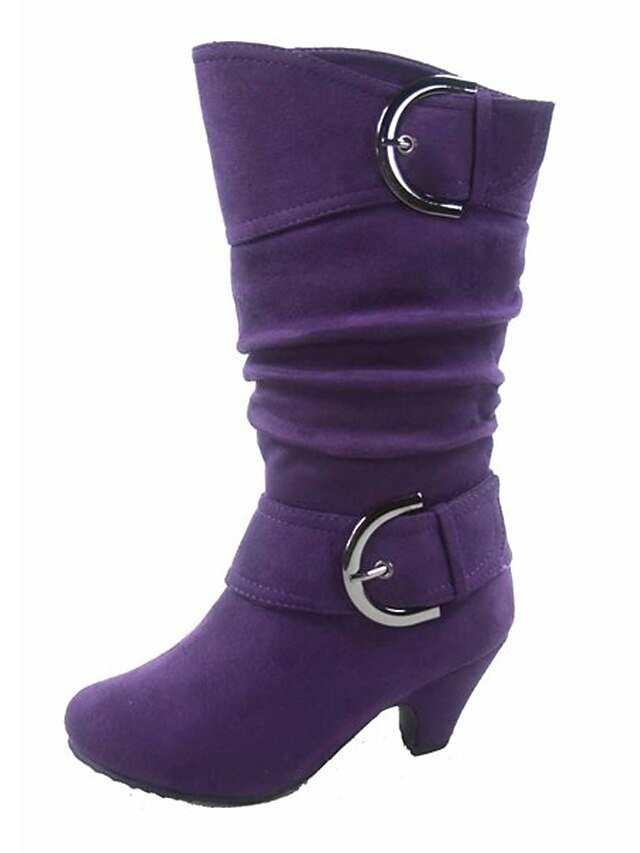 Stylish Slouchy Buckle Knee-High Suede Mid Heel Boots - Image 7