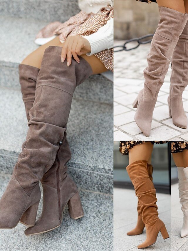 Stylish Suede Slouchy Over-the-Knee Block Heel Boots - Image 1