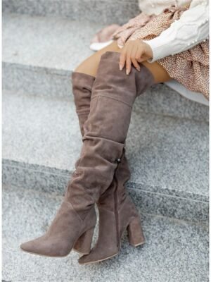 Stylish Suede Slouchy Over-the-Knee Block Heel Boots - Image 2