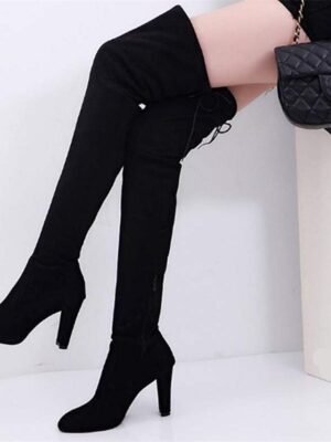 Stylish Suede Thigh-High Lace-Up Stiletto Heel Boots - Image 2