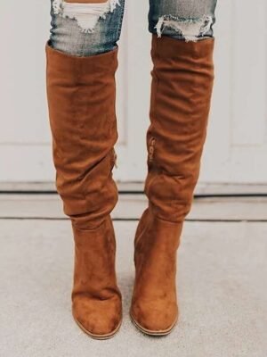 Stylish Tan Suede Pointed Toe Knee-High Block Heel Boots - Image 3