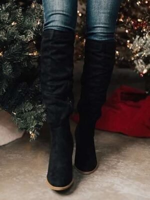 Stylish Tan Suede Pointed Toe Knee-High Block Heel Boots - Image 7