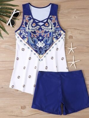 Summer Stretchy V Neck Sleeveless Tankini Set - Image 11