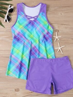 Summer Stretchy V Neck Sleeveless Tankini Set - Image 2