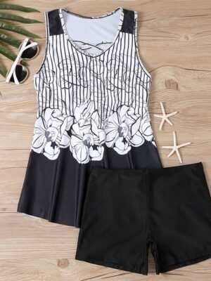 Summer Stretchy V Neck Sleeveless Tankini Set - Image 5