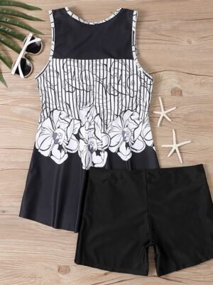 Summer Stretchy V Neck Sleeveless Tankini Set - Image 6