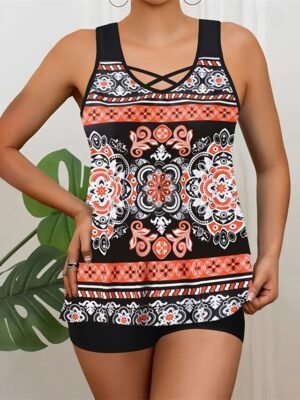 Summer Stretchy V Neck Sleeveless Tankini Set - Image 7