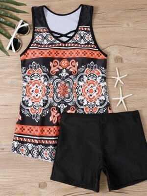 Summer Stretchy V Neck Sleeveless Tankini Set - Image 8