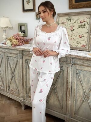 Sweet Loose Flower Square Neck Long Sleeve Pajama Set - Image 6