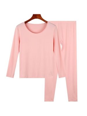 Thermal Elastic Waist Pure Crew Neck Long Sleeve Pajama Set - Image 1