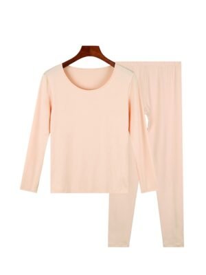 Thermal Elastic Waist Pure Crew Neck Long Sleeve Pajama Set - Image 3