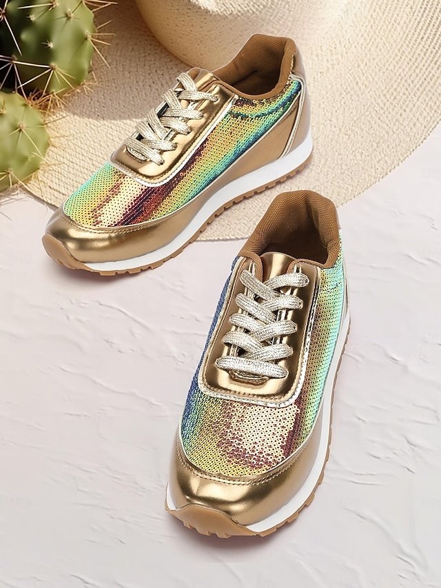 Trendy Casual Gold Metallic Sequin Sneakers - Image 1