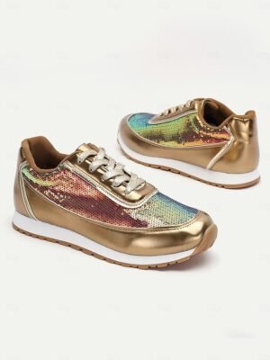 Trendy Casual Gold Metallic Sequin Sneakers - Image 4